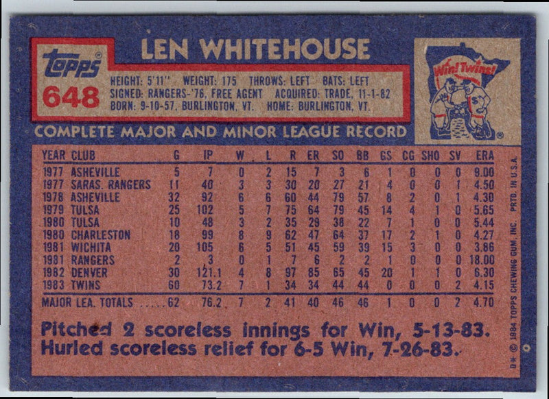 1984 Topps Len Whitehouse