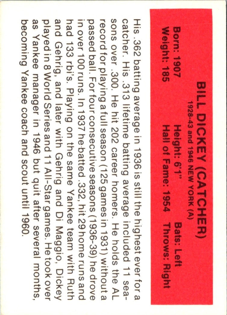 1987 Hygrade All-Time Greats Bill Dickey