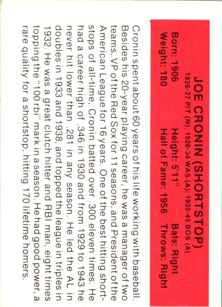 1987 Hygrade All-Time Greats Joe Cronin
