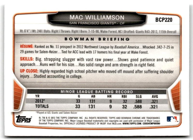 2013 Bowman Chrome Prospects Mac Williamson