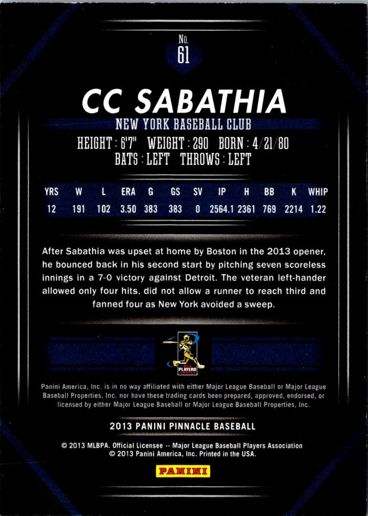 2013 Pinnacle CC Sabathia