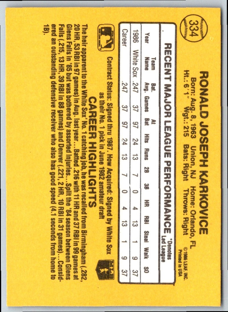 1987 Donruss Opening Day Ron Karkovice