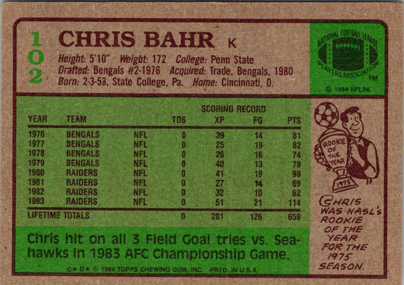 1984 Topps Chris Bahr