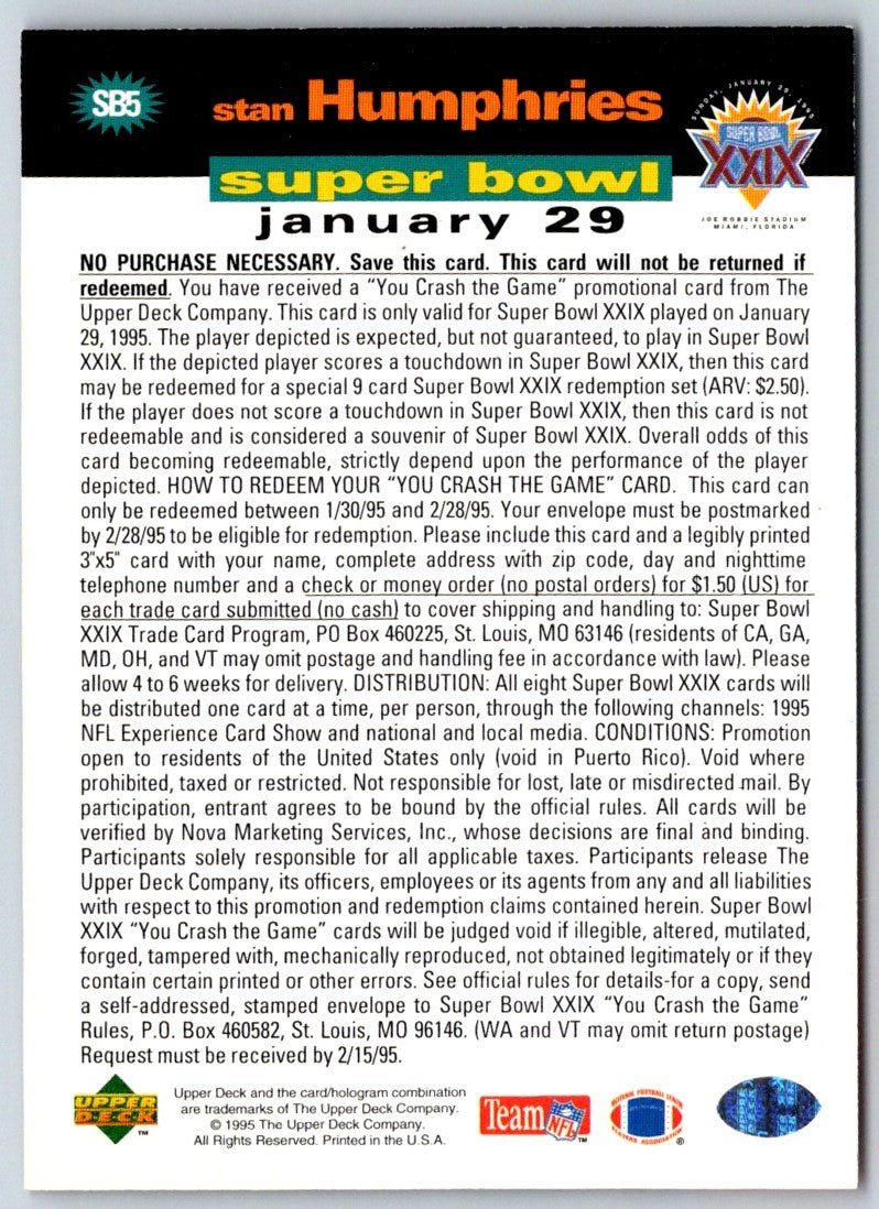 1995 Collector's Choice You Crash the Game Super Bowl XXIX Stan Humphries