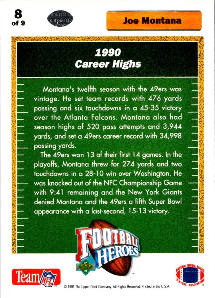 1991 Upper Deck Football Heroes Joe Montana Joe Montana