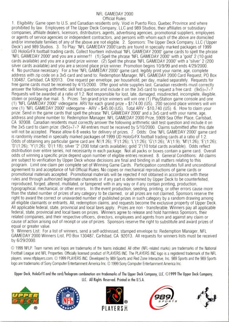 1999 UD NFL GameDay 2000 - Y