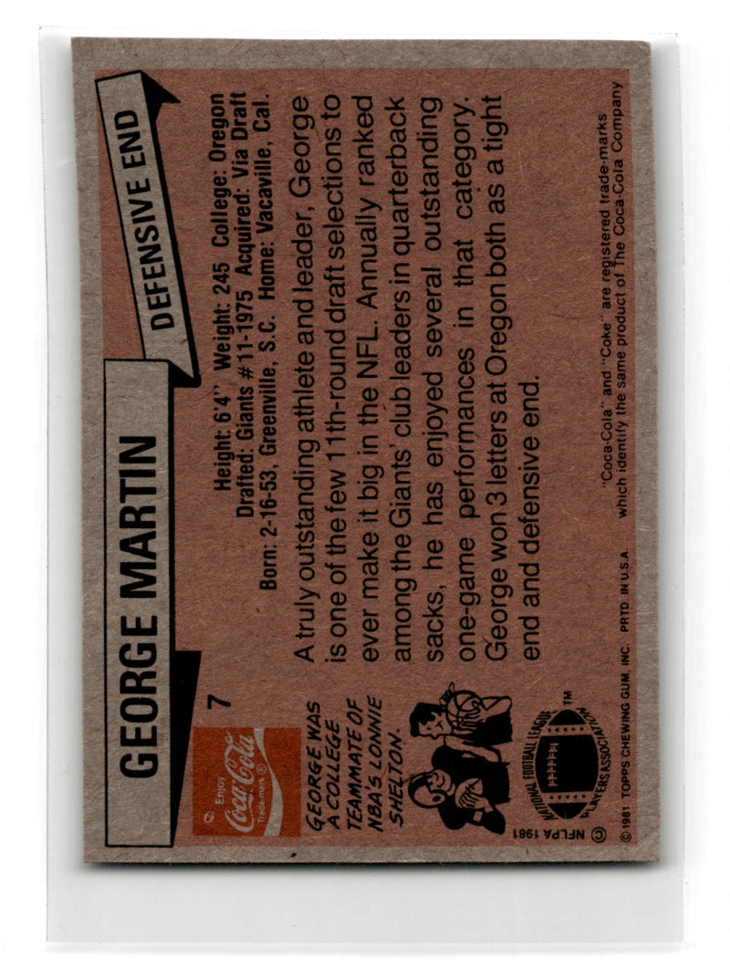 1981 Topps Coca-Cola New York Giants George Martin