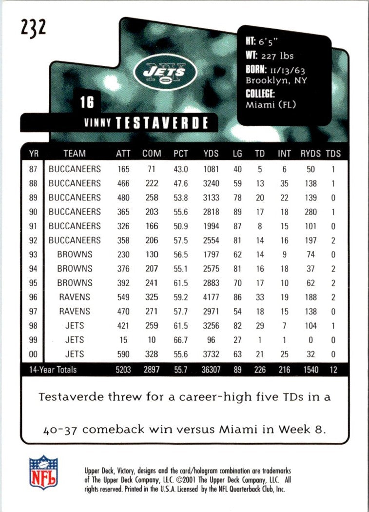 2001 Upper Deck Victory Vinny Testaverde