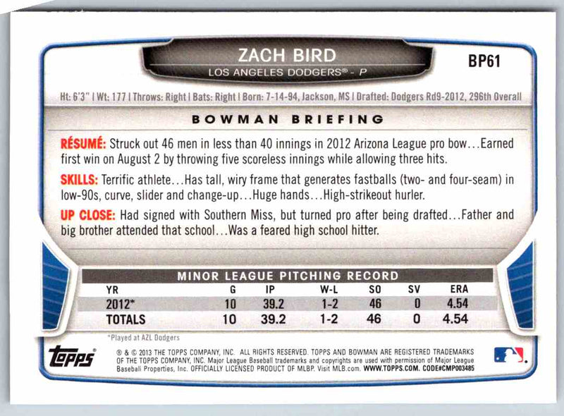 2013 Bowman Zach Bird