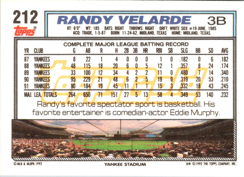 1992 Topps Randy Velarde