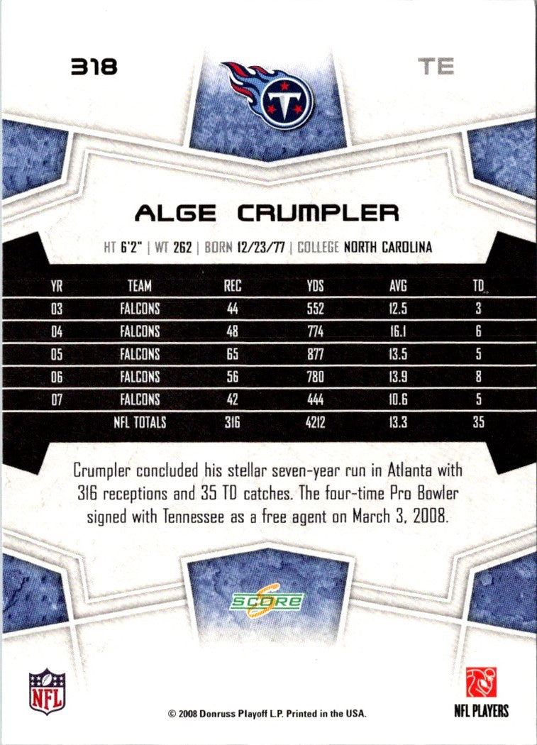 2008 Score Super Bowl XLIII Alge Crumpler