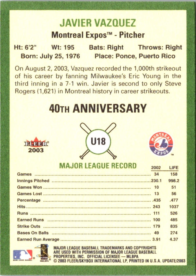 2003 Fleer Tradition Update Javier Vazquez