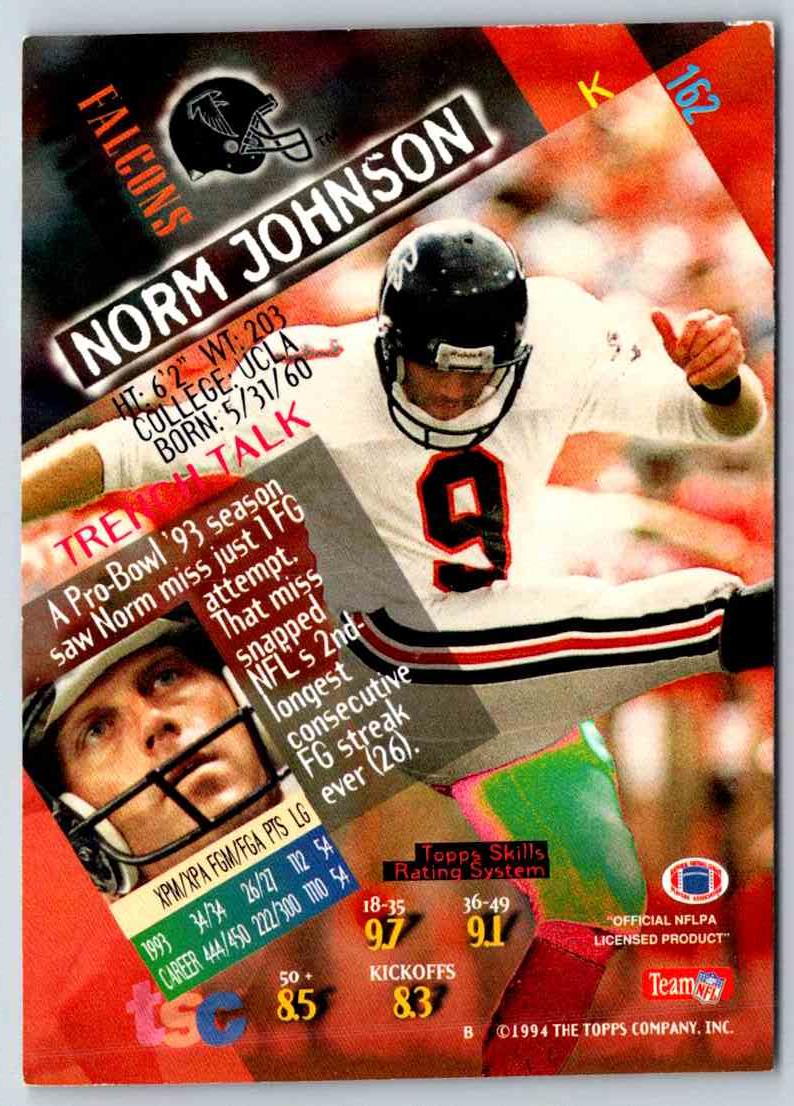 1994 Topps Stadium Club Football Norm Johnson