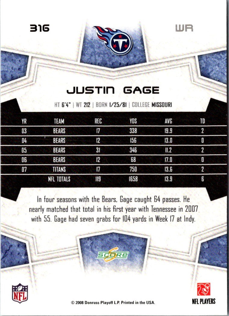 2008 Score Super Bowl XLIII Justin Gage