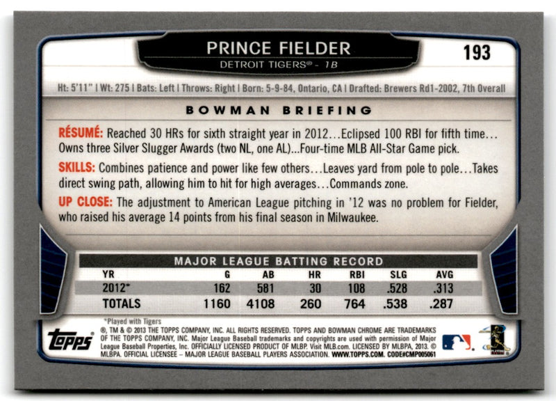 2013 Bowman Chrome Prince Fielder