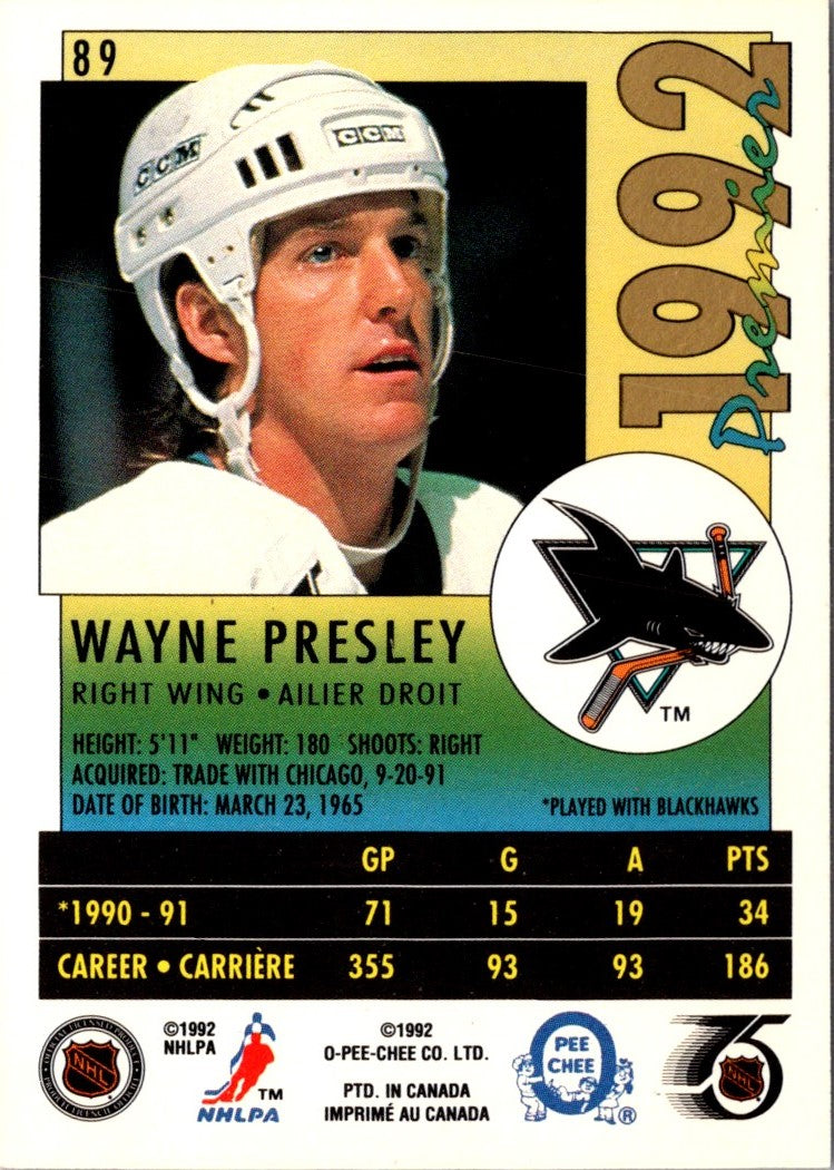 1991 O-Pee-Chee Premier Wayne Presley