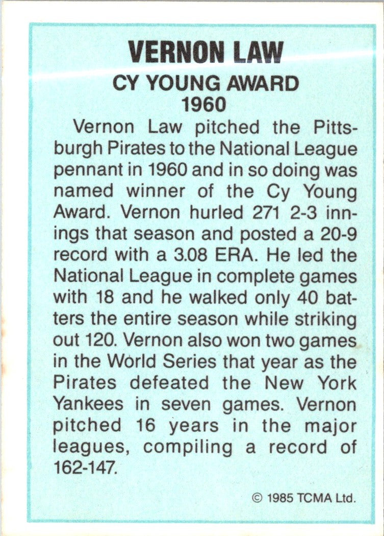 1985 TCMA Cy Young Award Winners Vernon Law