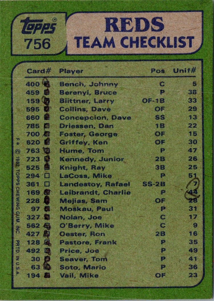 1982 Topps Reds Team Leaders - Ken Griffey/Tom Seaver