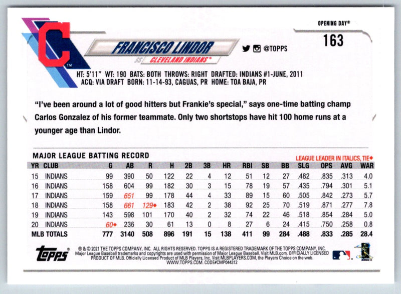 2021 Topps Opening Day Francisco Lindor