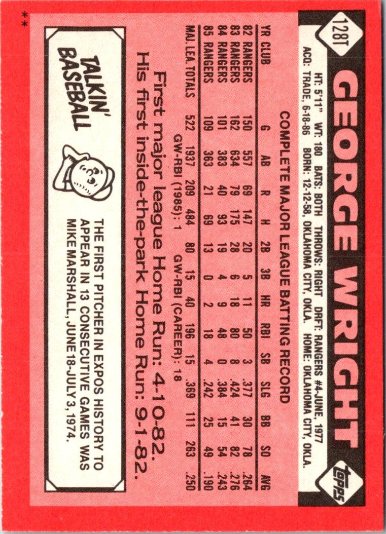 1986 Topps Traded George Wright