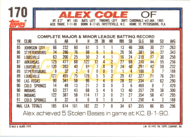 1992 Topps Alex Cole