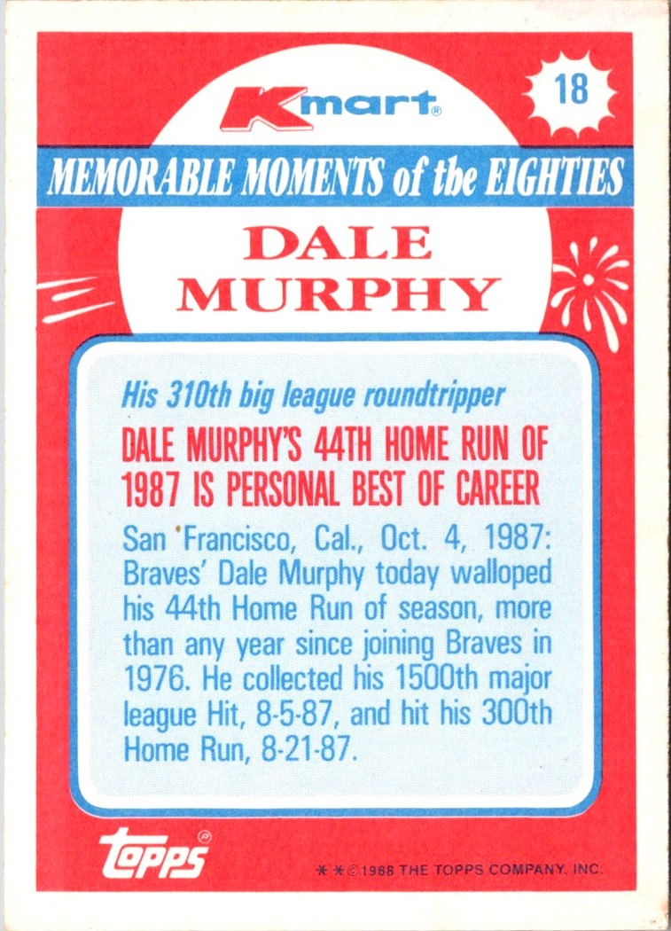 1988 Topps Kmart Memorable Moments Dale Murphy