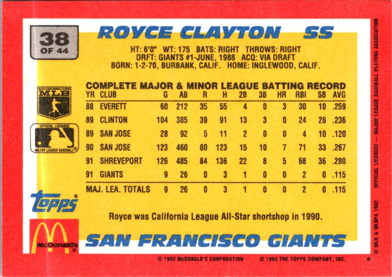 1992 Topps McDonald's Baseball's Best Royce Clayton