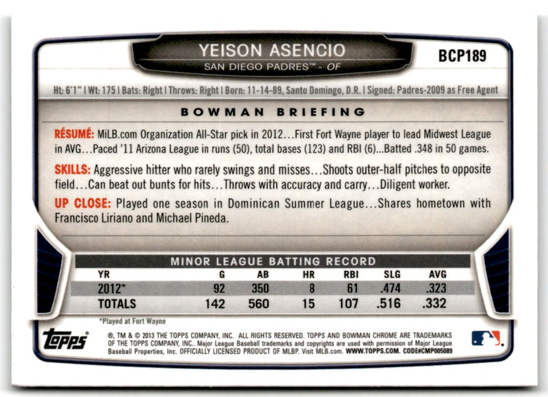 2013 Bowman Chrome Prospects Yeison Asencio