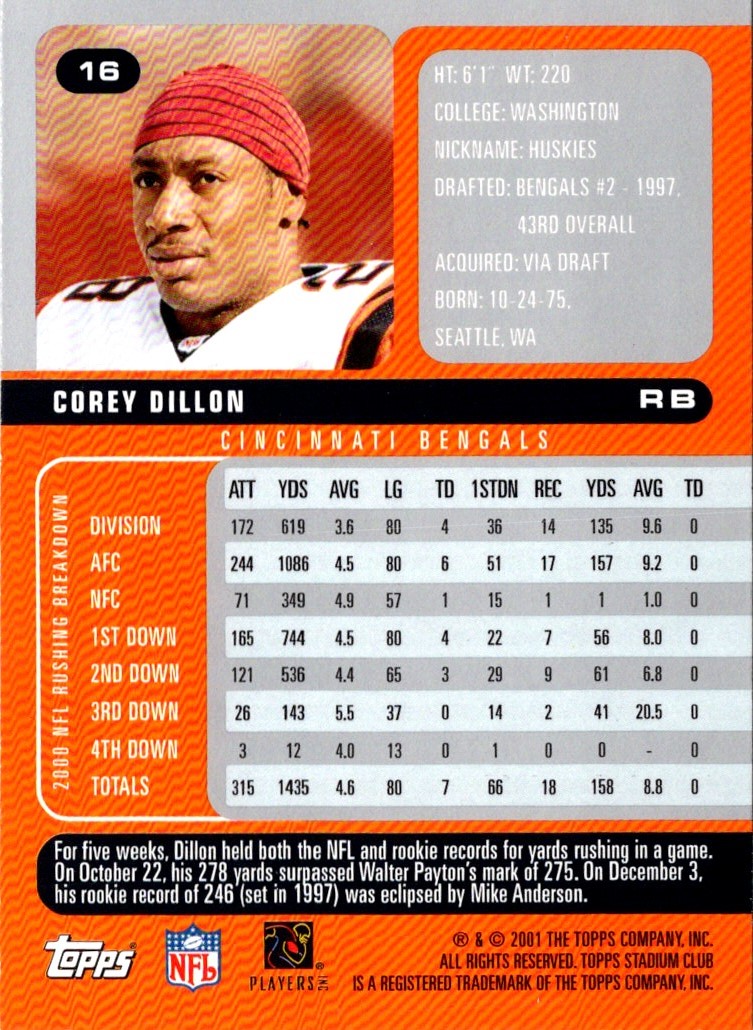 2001 Stadium Club Corey Dillon