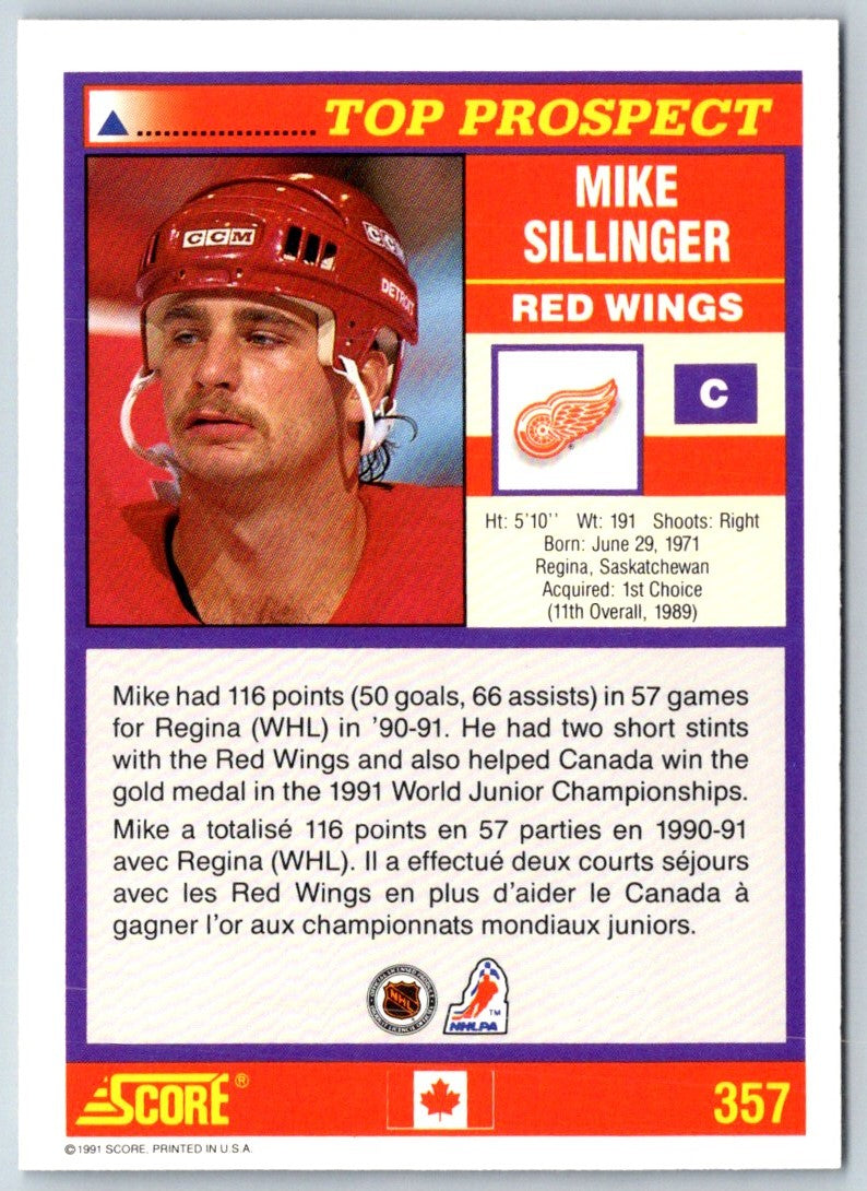 1991 Score Canadian Bilingual Mike Sillinger