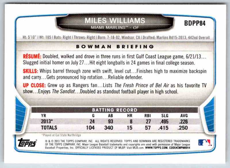 2013 Bowman Miles Williams