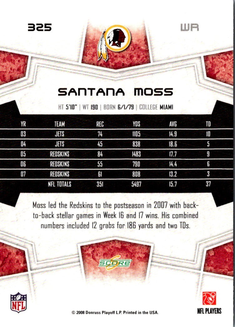 2008 Score Super Bowl XLIII Santana Moss