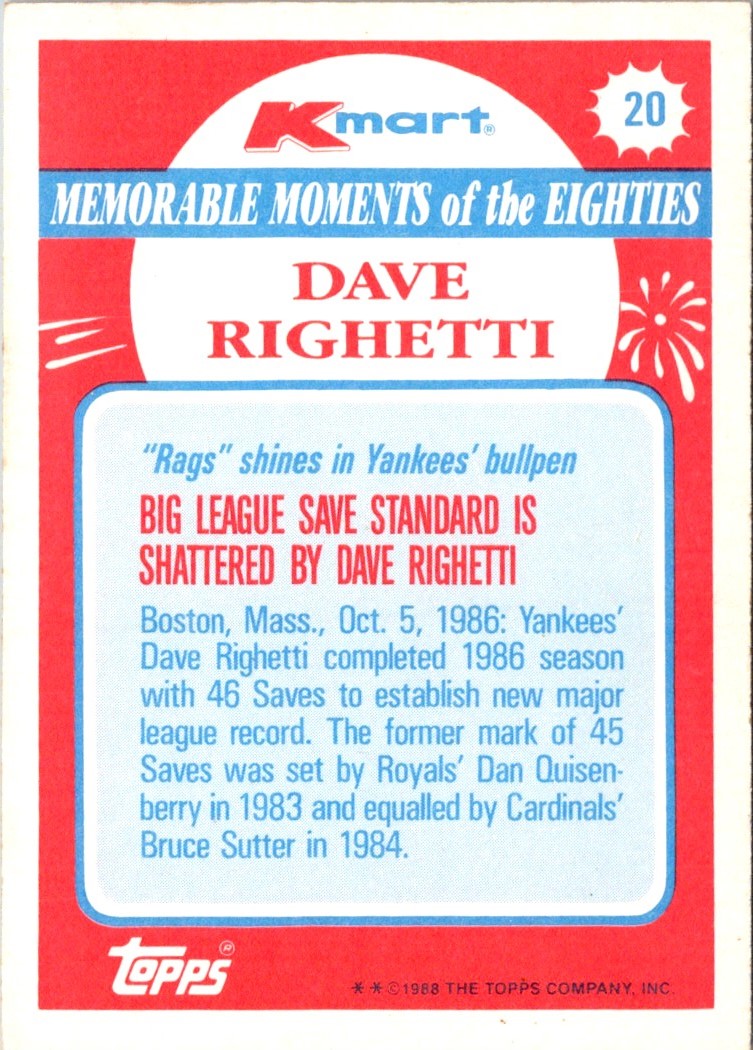 1988 Topps Kmart Memorable Moments Dave Righetti