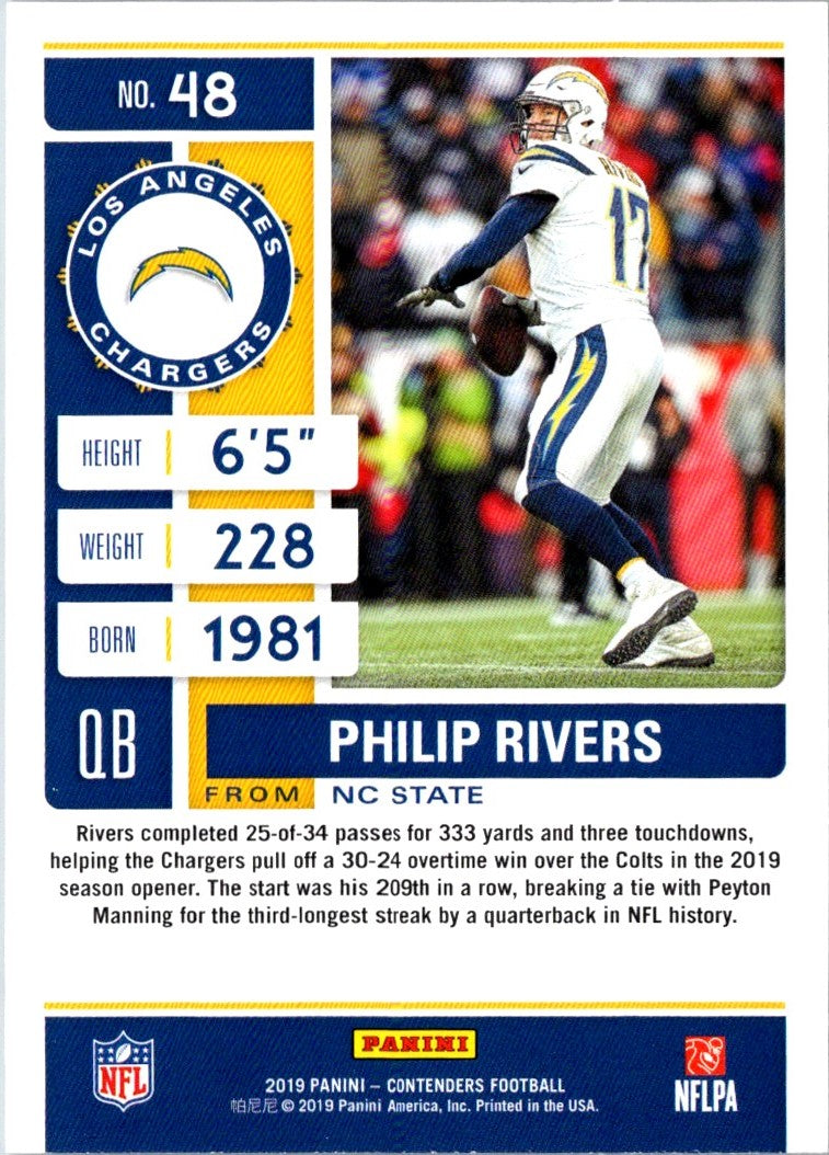 2019 Panini Contenders Season Ticket Red Zone Philip Rivers