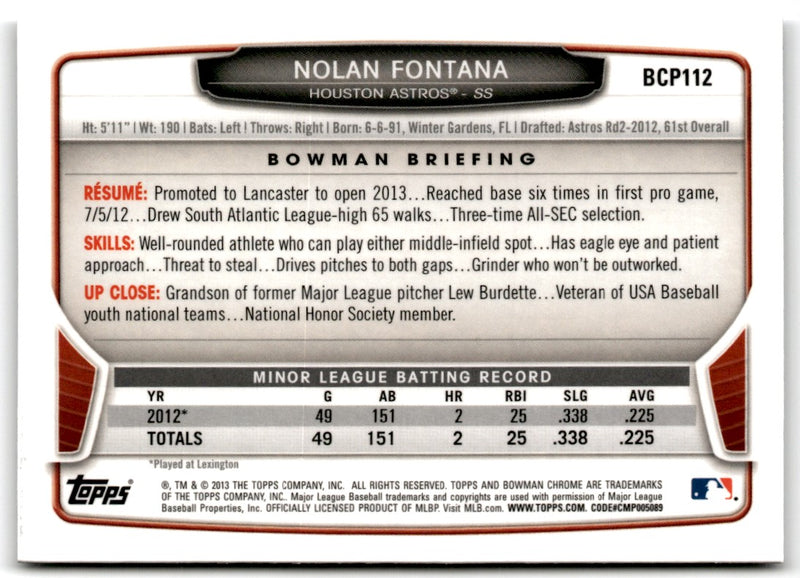 2013 Bowman Chrome Prospects Blue Wave Refractors Nolan Fontana