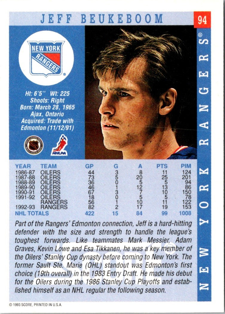1993 Score Jeff Beukeboom