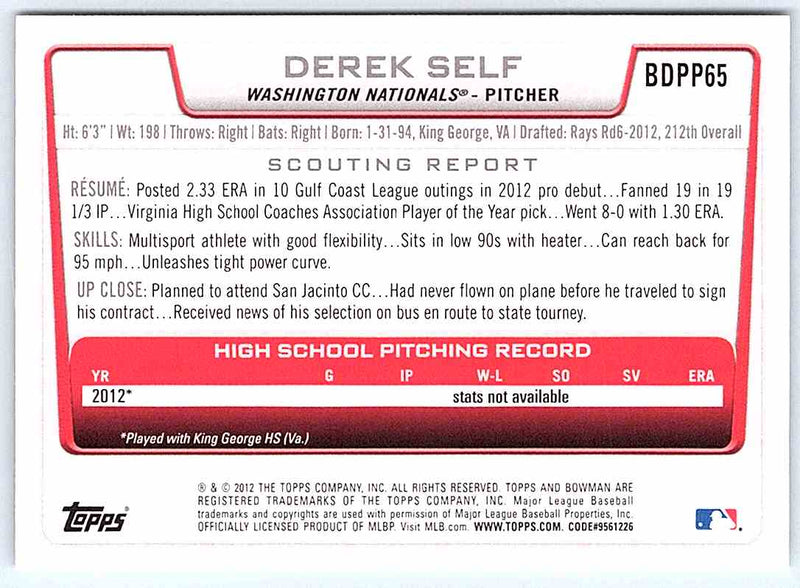 2012 Bowman Derek Self