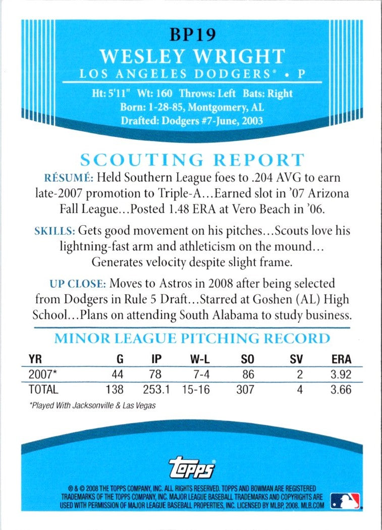 2008 Bowman Prospects Wesley Wright