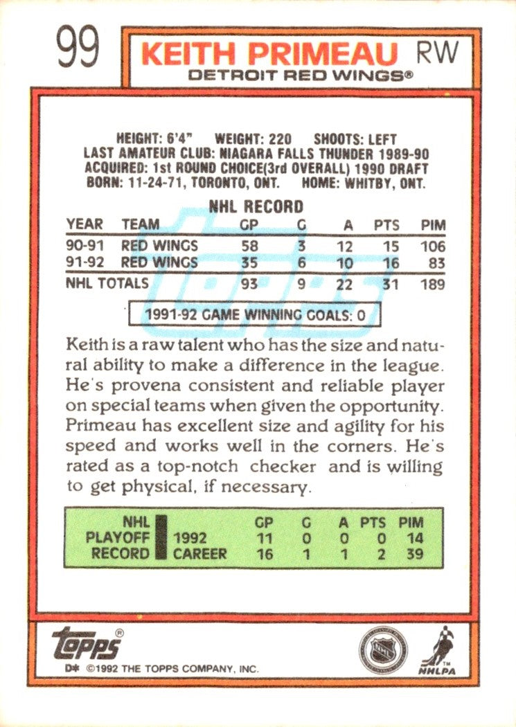 1992 Topps Keith Primeau