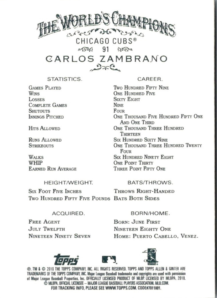 2010 Topps Allen & Ginter Carlos Zambrano