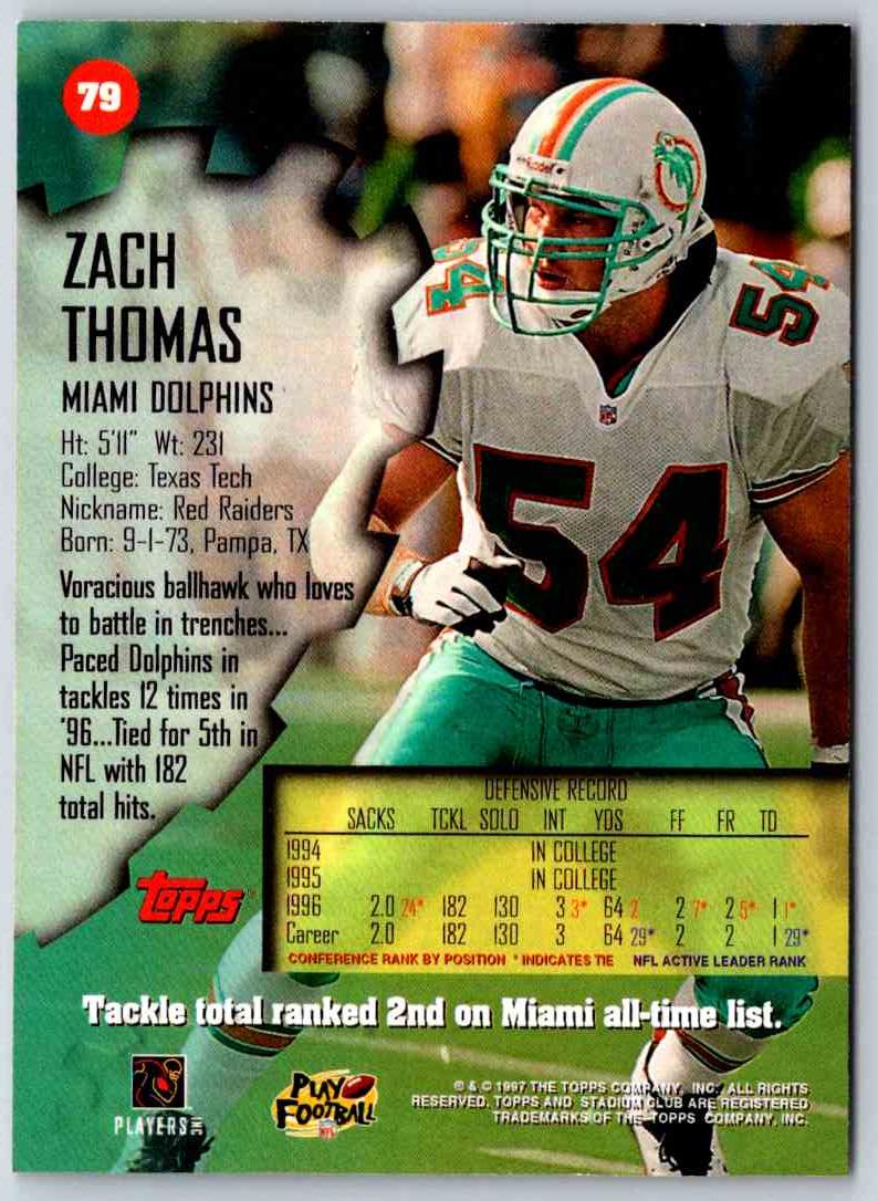 1997 Topps Stadium Club Football Zach Thomas