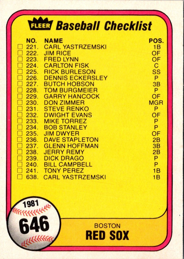 1981 Fleer Checklist: Red Sox/Braves #646