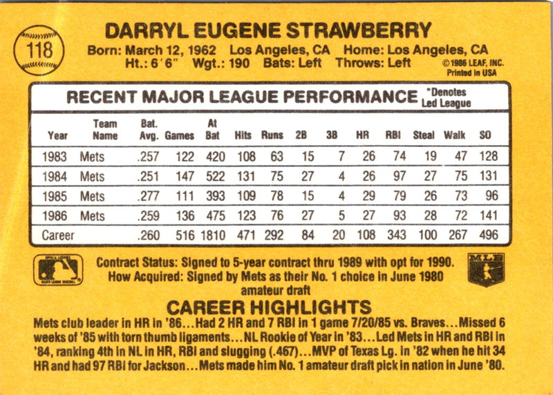 1987 Donruss Darryl Strawberry
