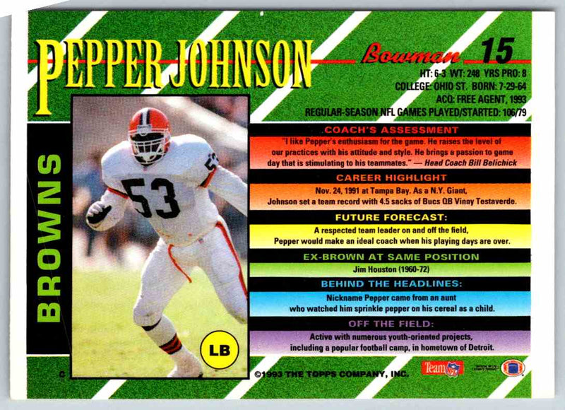 1993 Bowman Football Pepper Johnson