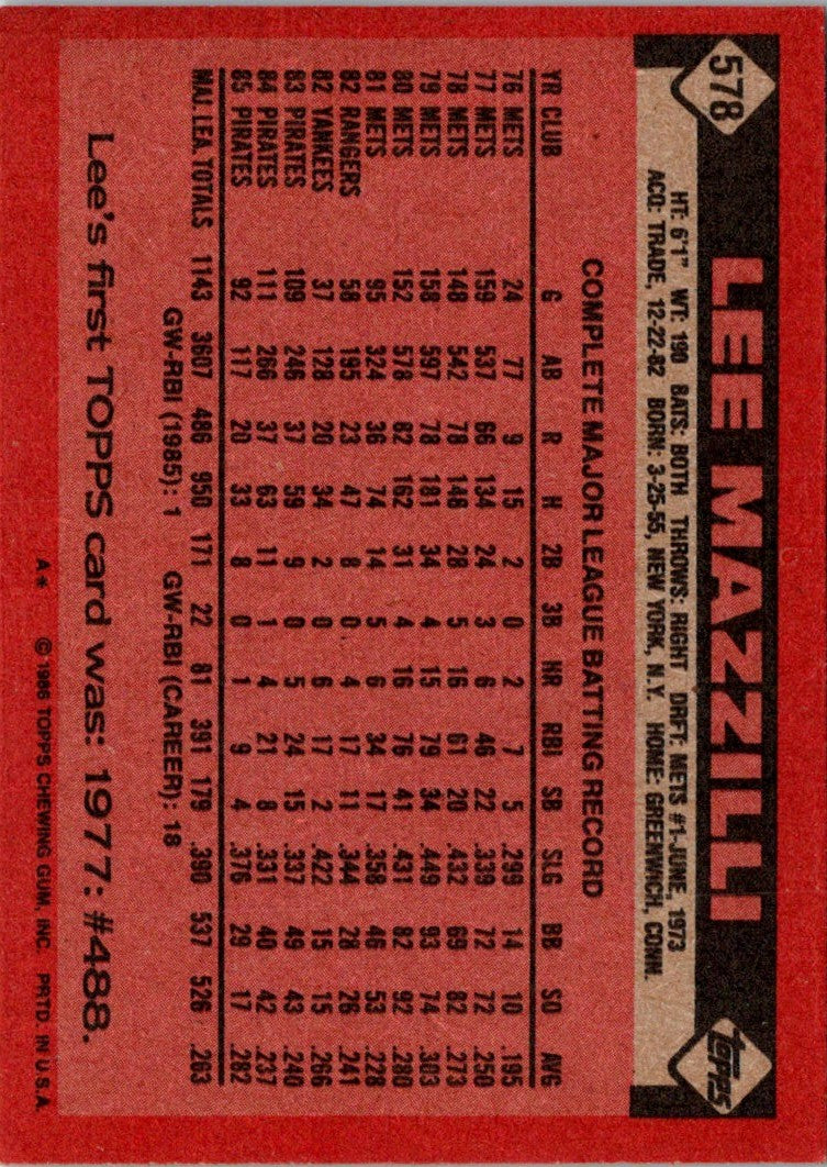 1986 Topps Lee Mazzilli