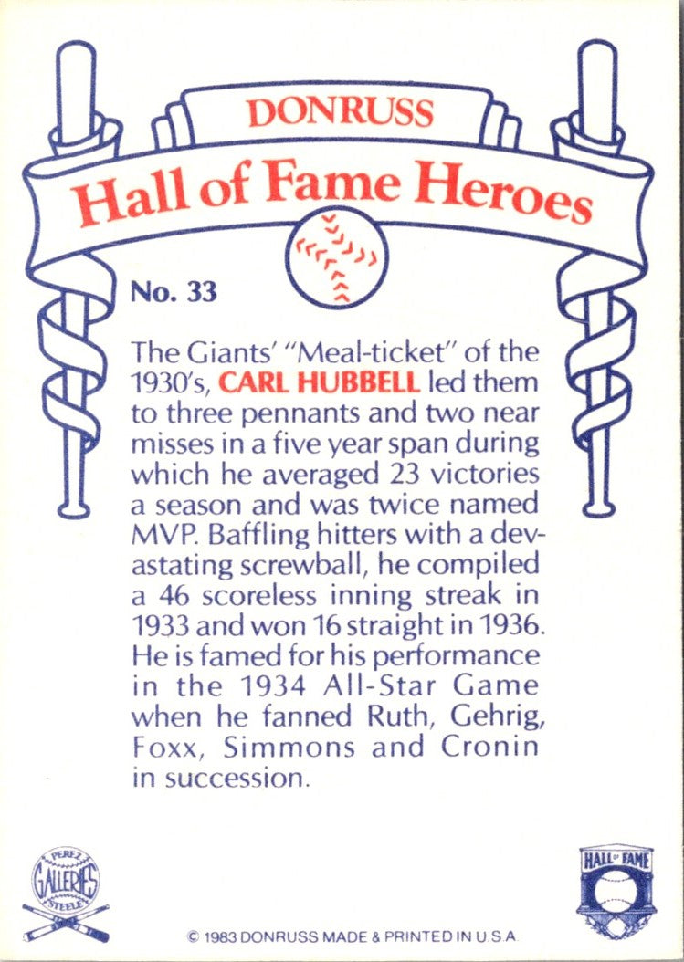 1983 Donruss Hall of Fame Heroes Carl Hubbell