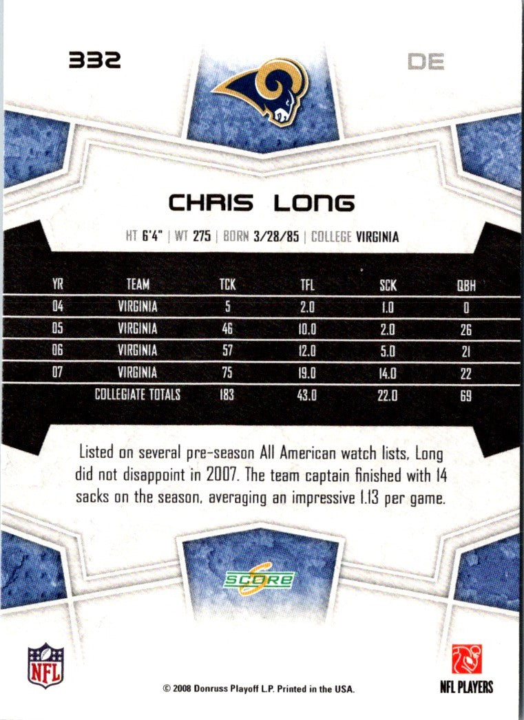 2008 Score Super Bowl XLIII Chris Long