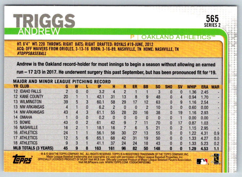 2019 Topps Oakland Athletics Andrew Triggs