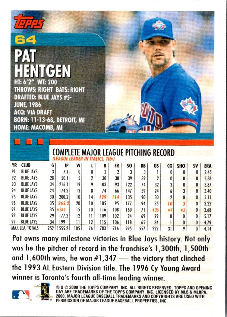 2000 Topps Opening Day Pat Hentgen