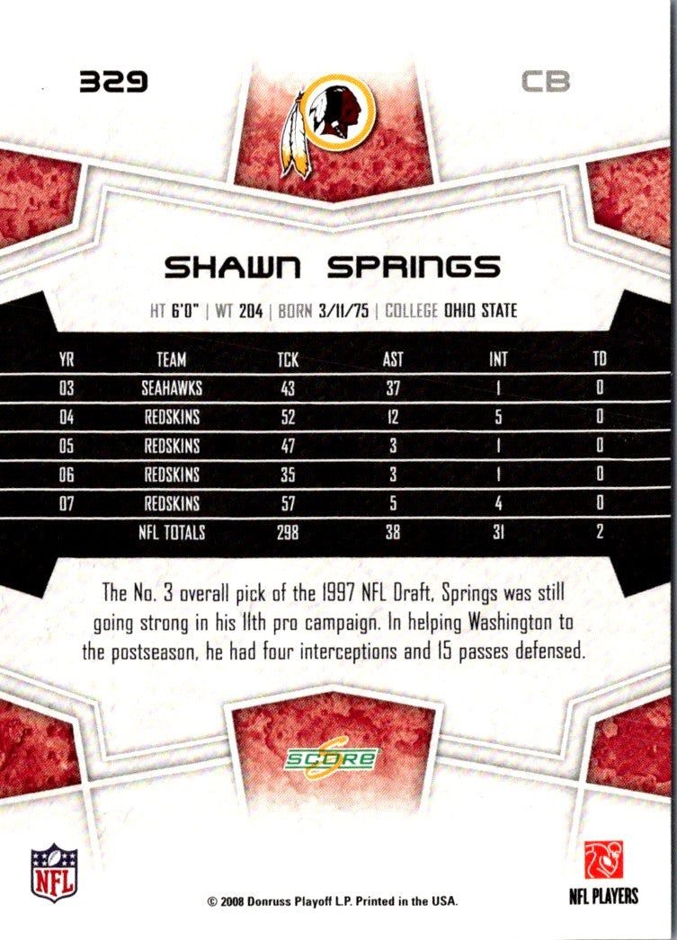 2008 Score Super Bowl XLIII Shawn Springs